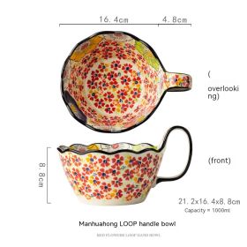 Hand-painted Handle Ceramic Tableware Household Vintage Soup Bowl Instant Noodles Salad Bowl (Color: Red)